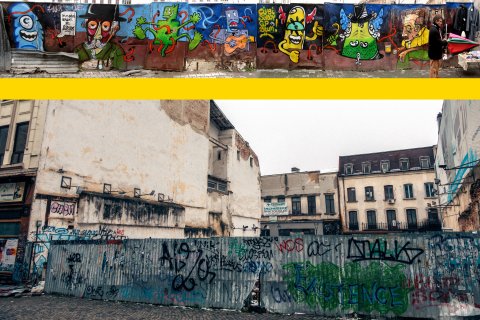 Graffiti pe Lipscani 2007 - gard in 2018, in fata la Carturesti Carusel